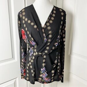 Chic Black Floral Draping Wrap Blouse with Daisy and Rose Print - Size M